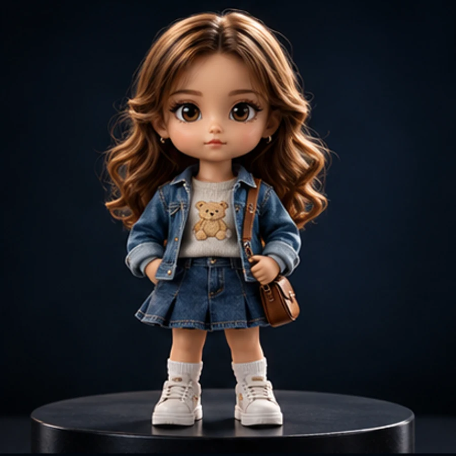 Collectible fashion figurine in a denim outfit on a display stand