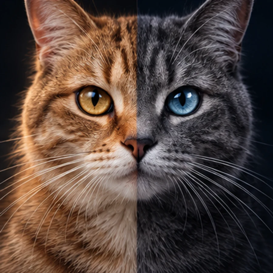 Split-face cat portrait showing warm and cool image enhancement