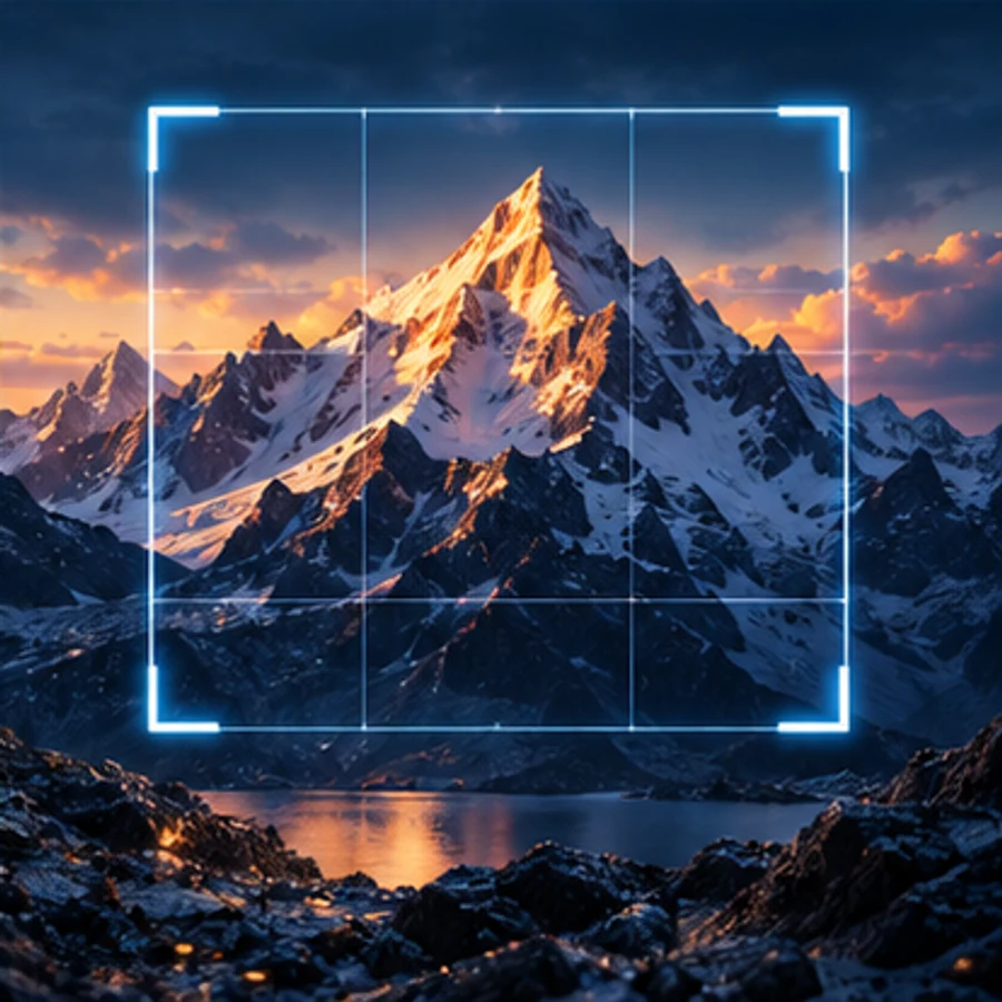 AI photo editor crop frame over a dramatic mountain landscape