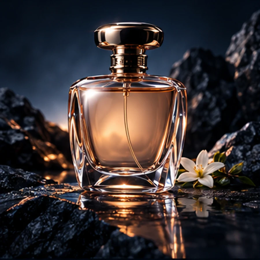 Studio product photo of a perfume bottle on reflective stone